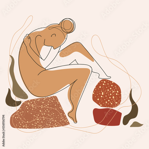 Abstract woman hugging herself liner drawing in boho style Minimal Art style vector illustration.Natural beauty of female body simple line contemporary design for poster,card,print,banner and other