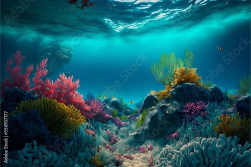 Colorful multicolored underwater landscape with corals, rocks and beautiful blue water. Oceanic background with tropical flora.AI generated.