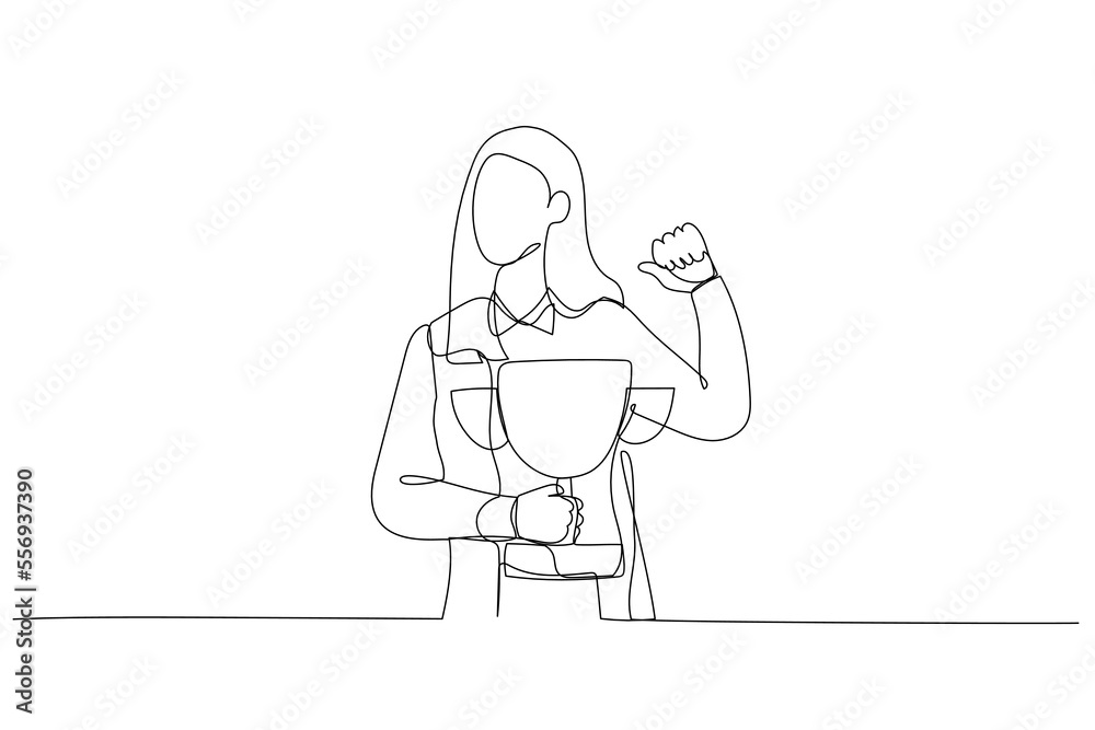 Drawing of businesswoman pointing self with thumb feeling proud get trophy award for achievement. One continuous line art style
