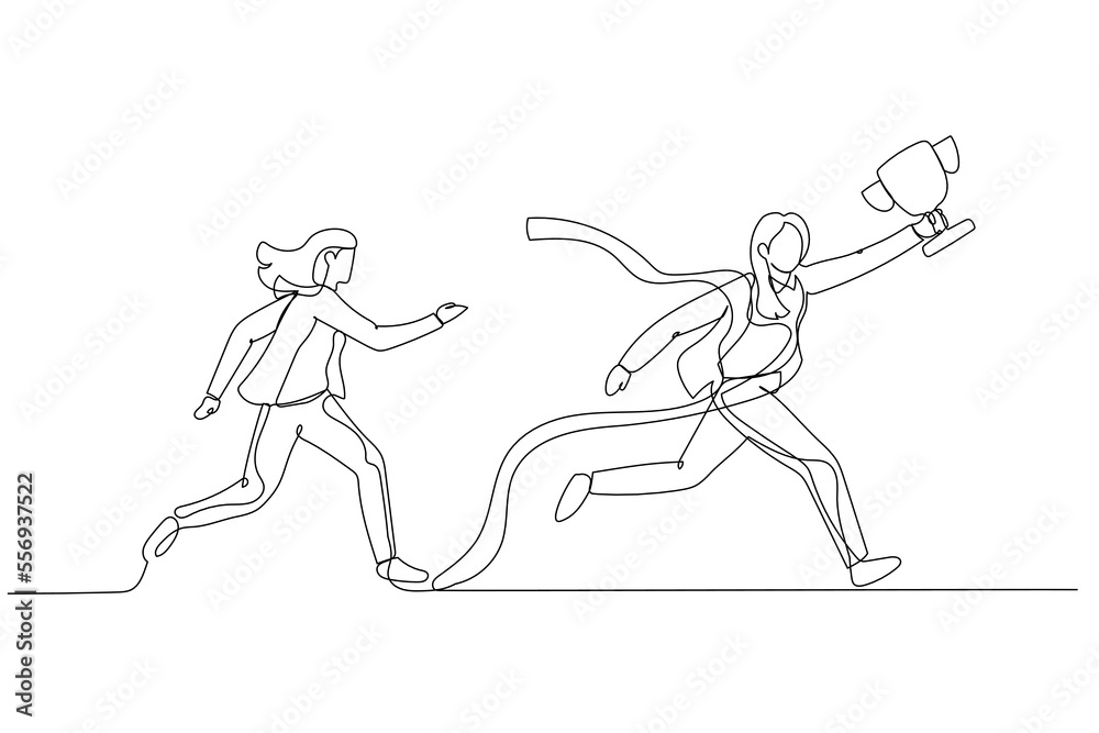 Drawing of businesswoman get to the finish line winning fierce competition. Continuous line art