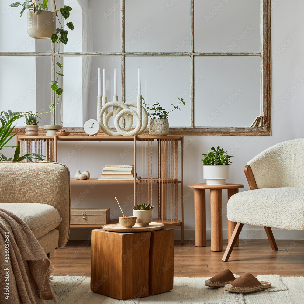 Stylish compositon of modern living room interior with frotte armchair