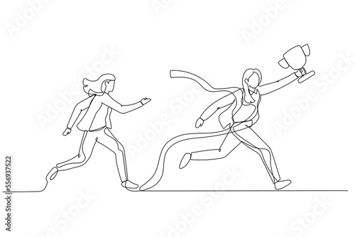 Drawing of businesswoman get to the finish line winning fierce competition. Continuous line art