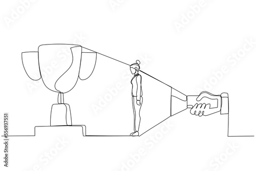 Cartoon of businesswoman aiming big prize from flashlight. Single continuous line art