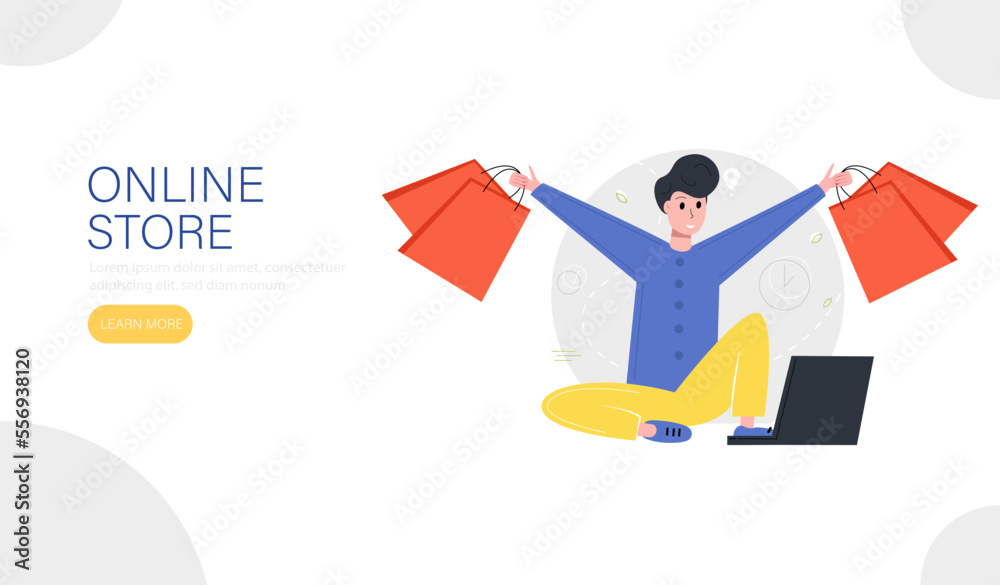 Online shopping landing page template. Happy guy with shopping. Vector illustration. Online shopping landing page template. Happy guy with shopping. Vector illustration.