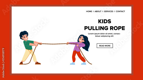 kids pulling rope vector. group girl, pull fun, children boy, happy kids, young childhood, together kids pulling rope web flat cartoon illustration