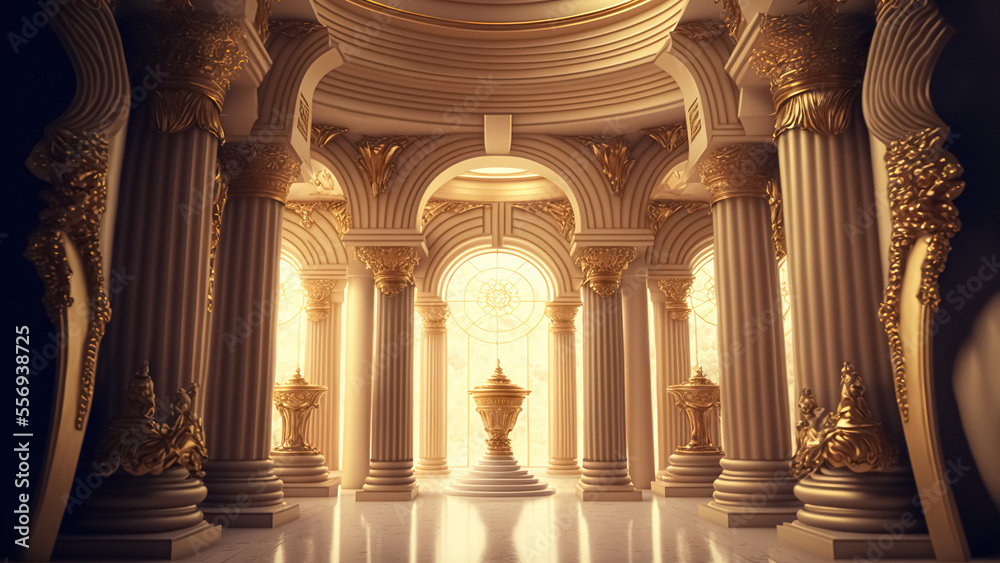 A realistic fantasy interior of the palace. golden palace. castle interior. Fiction Backdrop. concept art. 
