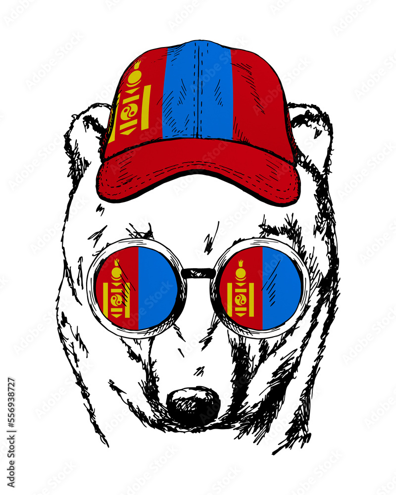 Obraz premium Brown bear's hand drawn portrait. Patriotic sublimation in colors of national flag on white background. Mongolia