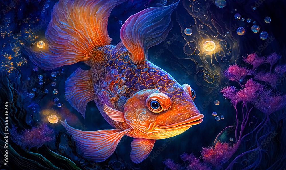 Goldfish. Fantasy background with a beautiful glowing magical goldfish,  bokeh background. digital art Stock Illustration