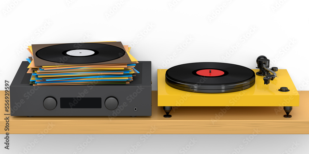 HiFi system with turntable and amplifier for home theater on white background. HiFi system with turntable and amplifier for home theater on white background.