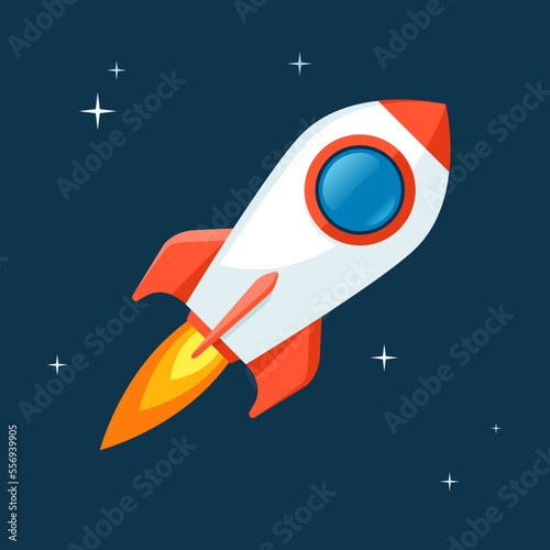 Rocket ship icon in flat style. Spacecraft takeoff on space background. Start up illustration. Vector design object for you project 
