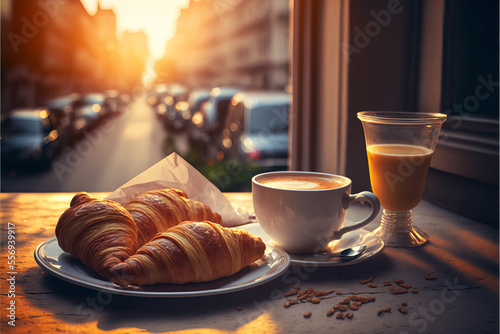 Continental breakfast table with coffee  orange juice  croissants at street cafe at sunrise - Generative AI