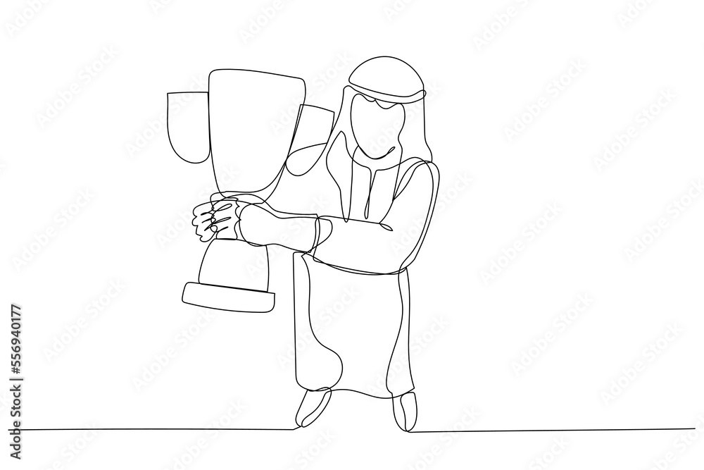 Illustration of arab businessman happy holding trophy showing success and achievement. Single continuous line art style