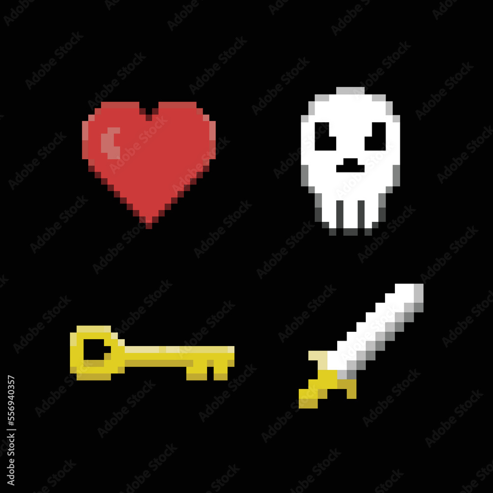 illustration vector graphic of pixel art item set, hearth ,skull,key and sword good for your project and game illustration vector graphic of pixel art item set, hearth ,skull,key and sword good for your project and game