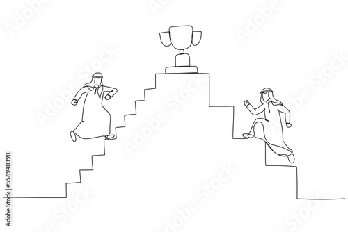 Illustration of arab businessman going up the stairs towards the trophy at the top. Single continuous line art style