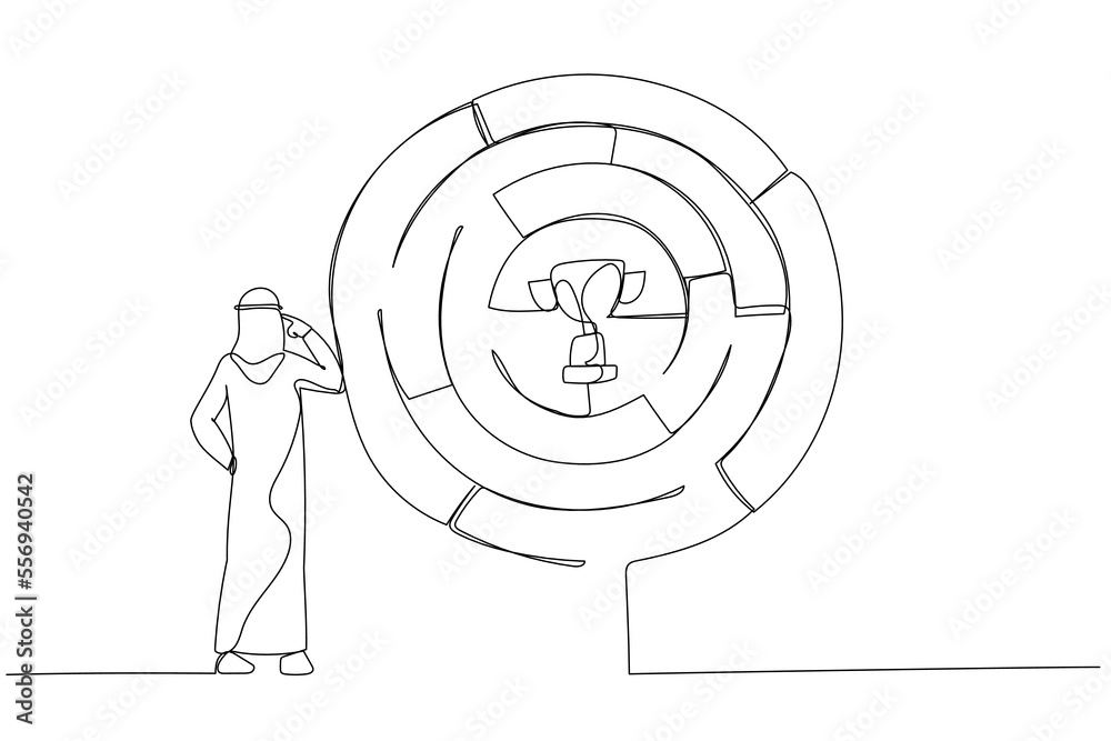 Drawing of arab businessman finding the way in labyrinth to reach path to success. Continuous line art Drawing of arab businessman finding the way in labyrinth to reach path to success. Continuous line art