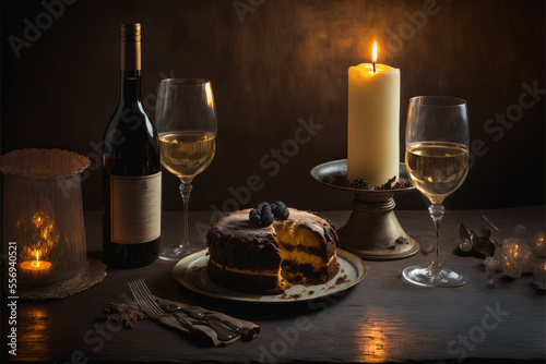 A delicious dessert cake with berries and dessert wine served on a wooden table by candlelight - Generative AI