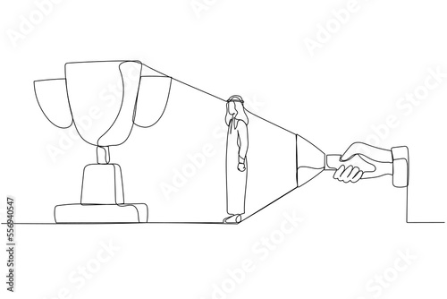 Drawing of arab businessman aiming big prize from flashlight. One line style art