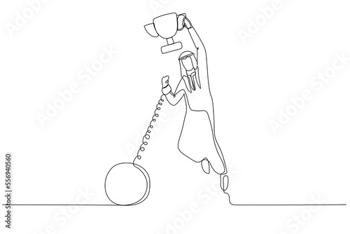 Cartoon of arab businessman break the chain and get the trophy prize. Single continuous line art