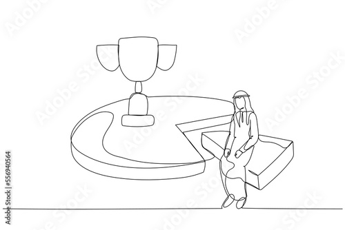 Illustration of arab businessman working effective and efficient and being productive get trophy. Continuous line art style