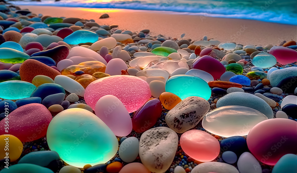 Colorful gemstones on a beach. Polish textured sea glass and