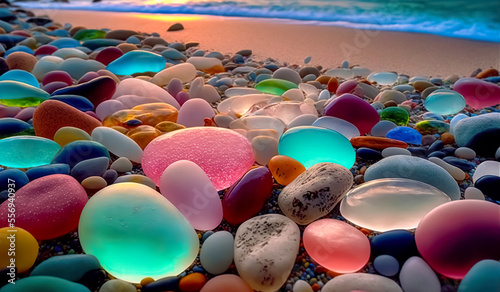 Colorful gemstones on a beach. Polish textured sea glass and stones on the seashore. Green, blue shiny glass with multi-colored sea pebbles close-up. Beach summer background. photo