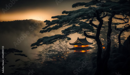 Fantasy background with mysterious ancient Chinese temple in mountains in the fog.  Buddhist temple in mountains photo