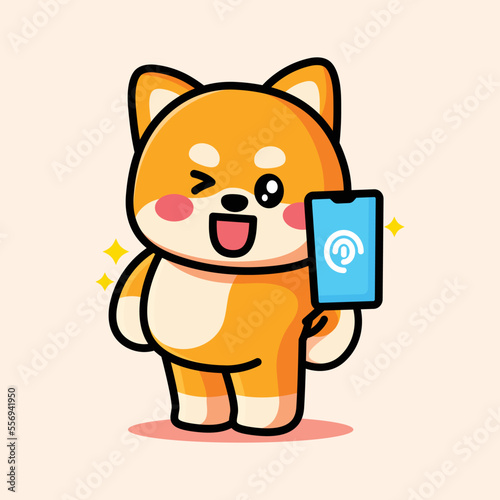 cute shiba is pointing at the phone