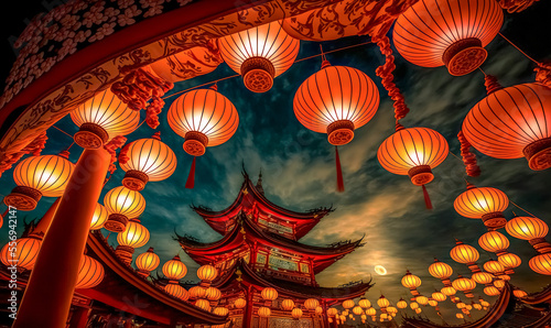 Vászonkép Traditional Chinese Buddhist Temple at night illuminated for the Mid-Autumn festival