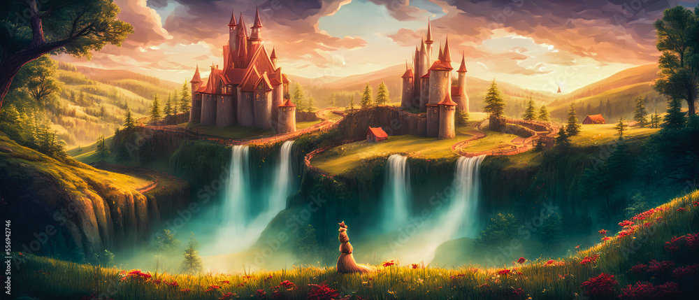 An breathtaking painting of a majestic castle set against the backdrop of a stunning waterfall. The image captures the grandeur and elegance of the castle, vibrant colors. Generative AI