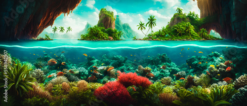 A breathtaking painting of a paradise on earth  depicting a lush  tropical island teeming with vibrant coral reefs. Generative AI