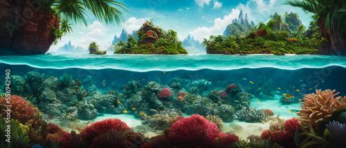 A breathtaking painting of a paradise on earth  depicting a lush  tropical island teeming with vibrant coral reefs. Generative AI