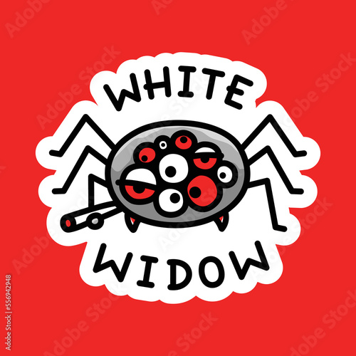 White Widow Cannabis Strain Sign Marijuana Package Sticker or T-shirt Design in Cartoon Graffiti Style Illustration.