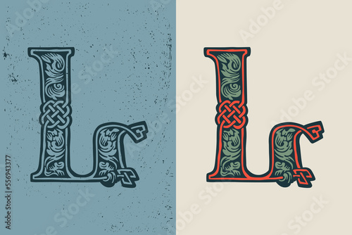 L letter logo in medieval knots lines style. Dim colored drop cap icon. Engraved barbarian emblem.