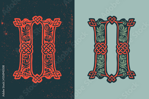 O letter logo in medieval knots lines style. Dim colored drop cap icon. Engraved barbarian emblem.