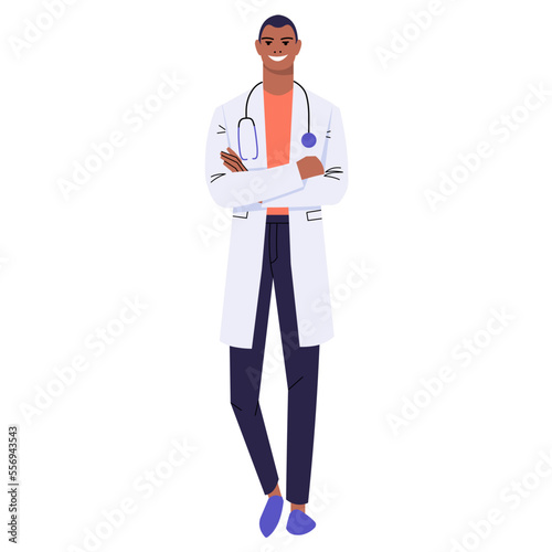 Black male doctor with crossed arms. Smiling man in white coat and stethoscope. Confident medical worker isolated on white background. Flat style. Vector illustration.