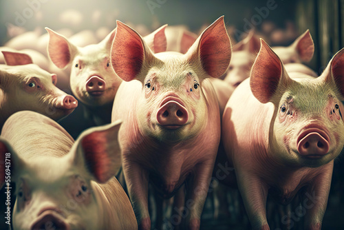 Fotografie, Obraz Large herd of domestic pigs on pig farm for agricultural industry