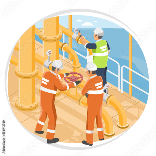 Workers and Engineer on Oil and Gas industry production hard worker laborer discovery processing platforms or offshore drilling natural gas in ocean isometric isolated vector