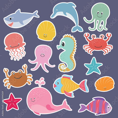 Big set cartoon sea characters animals. Collection ocean creature wildlife and fish. © tartumedia