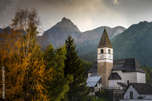 Idyllic landscape of Scuol Tarasp village, Engadine, Swiss Alps, Switzerland