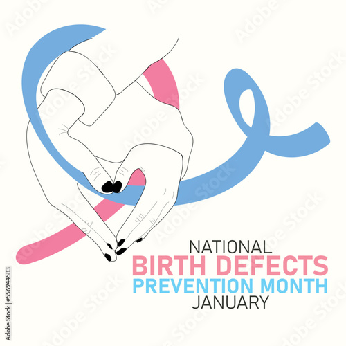 January is Birth Defects Prevention Month. Vector cartoon illustration of  hands with a heart shape holding a ribbon.
