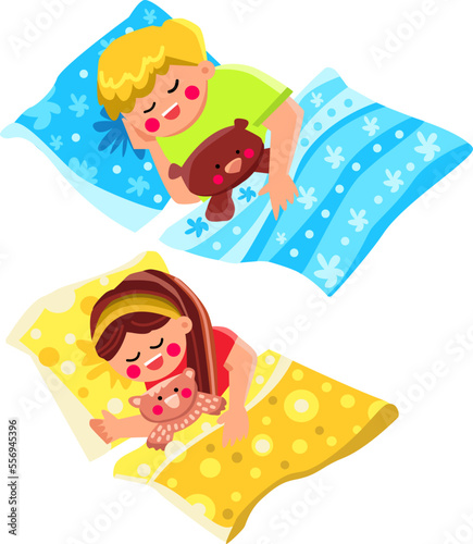 kid sleep vector. child bed, night dream, pillow little, girl cute, asleep bedtime, bedroom home, blanket boy kid sleep character. people flat cartoon illustration