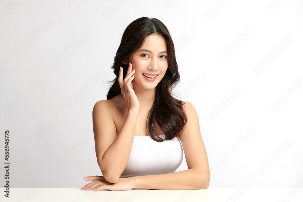Beautiful young asian woman with clean fresh skin on white background, Face care, Facial treatment, Cosmetology, beauty and spa, Asian women portrait.