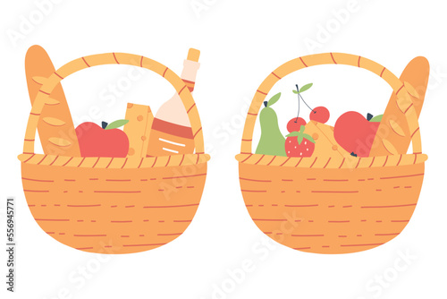 A set of picnic baskets. Picnic food collection. Vector illustration. Flat hand drawn style.