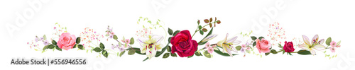 Panoramic view with pink, red roses, white lilies, spring blossom. Horizontal border for Valentine's Day: flowers, buds, leaves on white background, digital draw, vintage watercolor style, vector