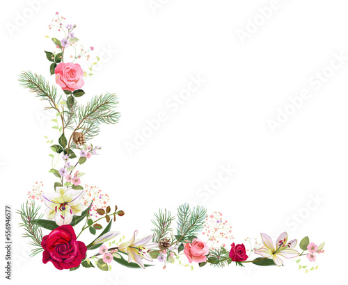 Angled frame with pink, red roses, white lilies, pine, spring blossom. Branch...