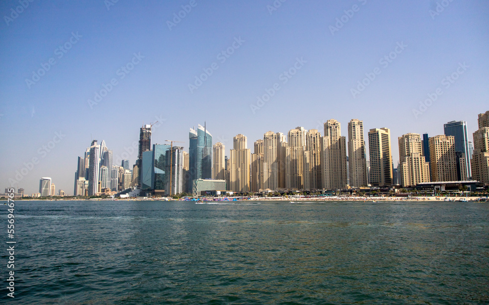 the skyline of Dubai from the sea