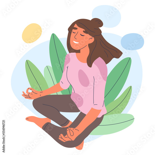 Meditating person in lotus pose. Calm mindful yoga meditation, woman breath and balance training flat vector illustration on white background