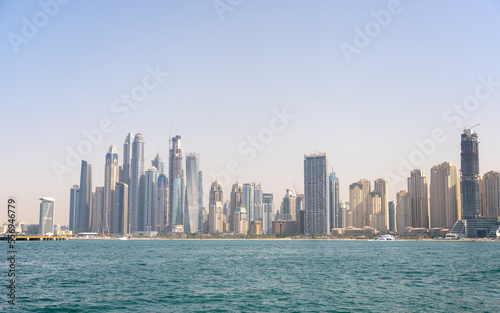 the skyline of Dubai from the sea