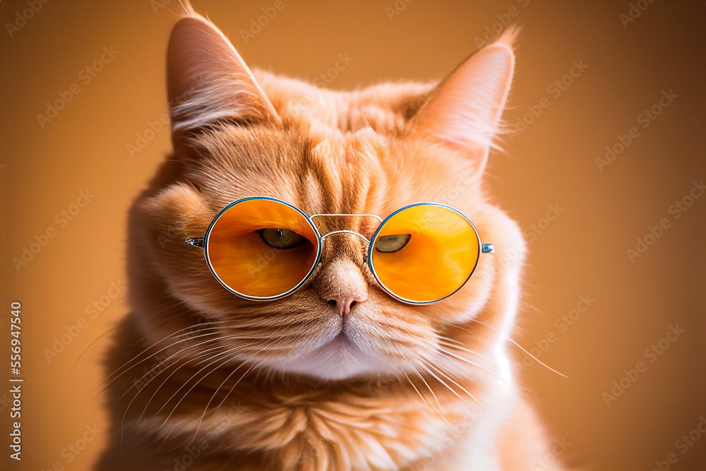 Funny cat in sunglasses. Cat with glasses on a light sunny background. Learning, study, knowledge concept. Ai generated image.
