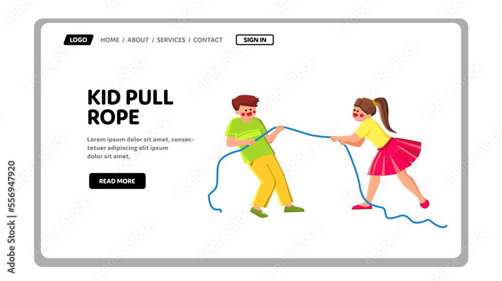 kid pull rope vector. game, happy group, girl child, children kids, fun young competition kid pull rope web flat cartoon illustration
